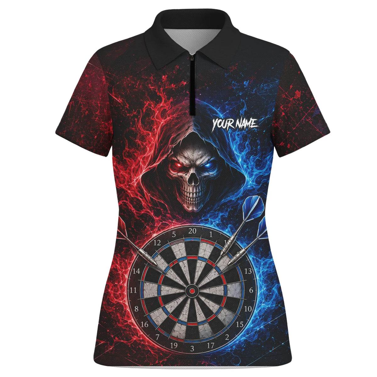 Personalised Red & Blue Split Skull Darts Polo Shirt For Women L857