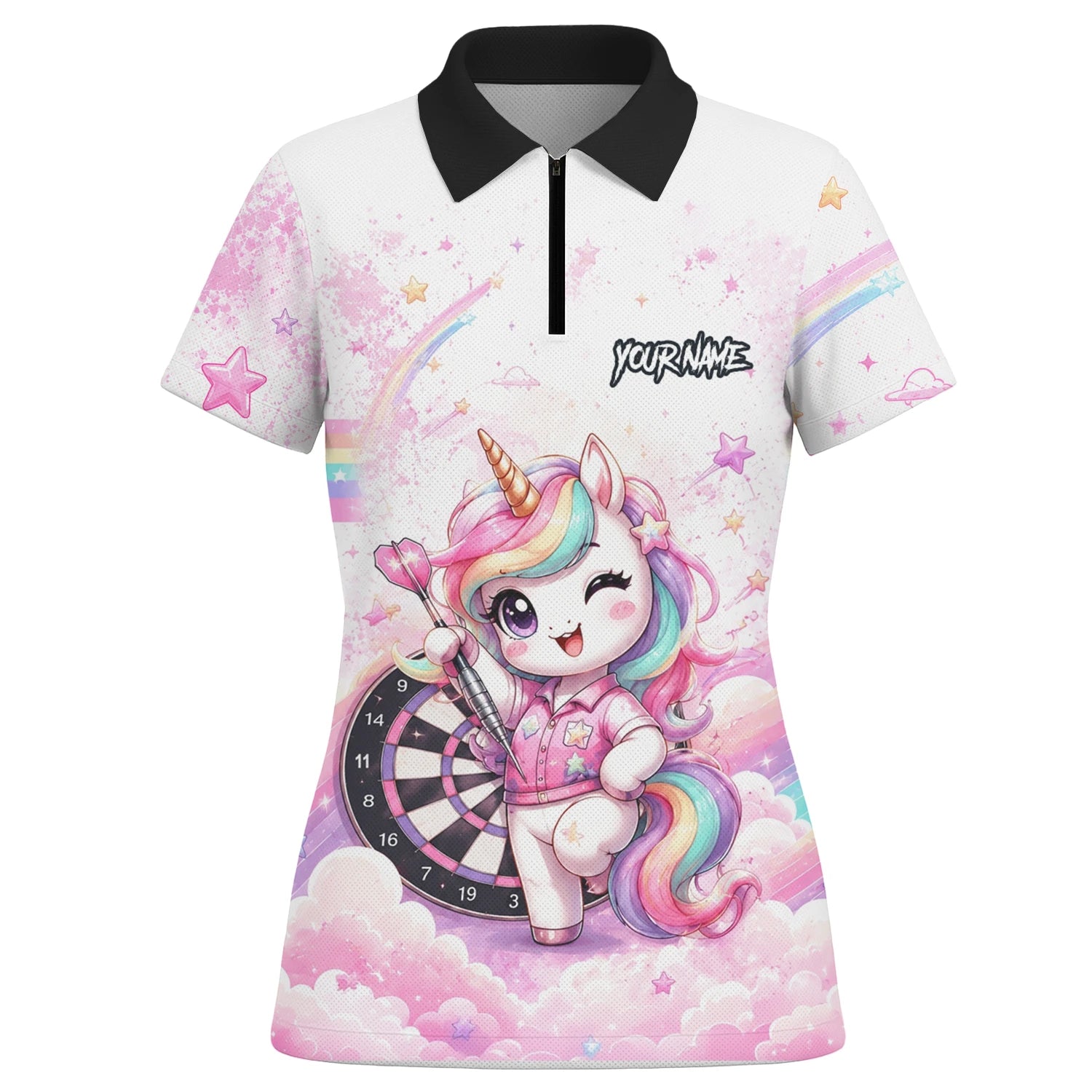 Personalised Pink & White Rainbow Unicorn Darts Shirt For Women F188