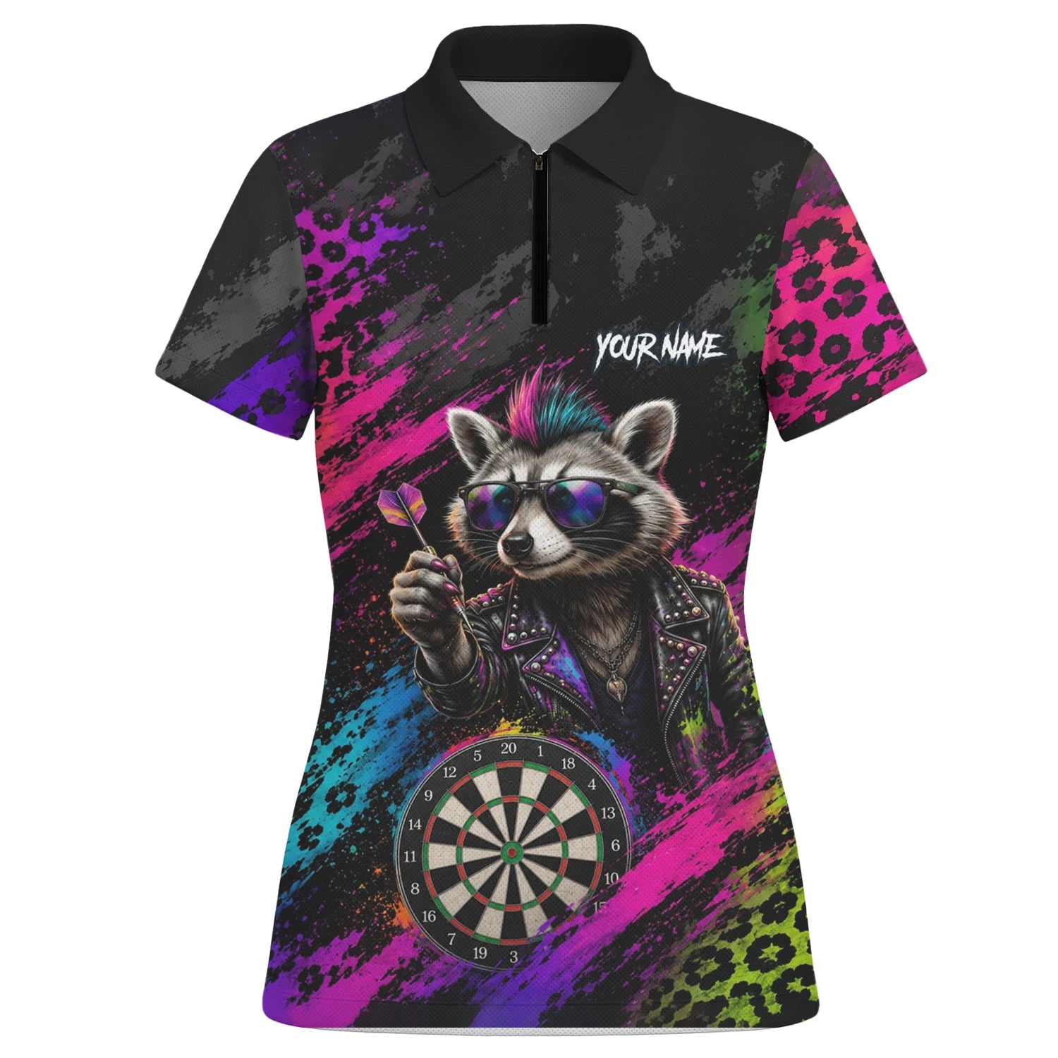 Personalised Black Multicolour Punk Raccoon Dartboard Darts Shirt For Women E164
