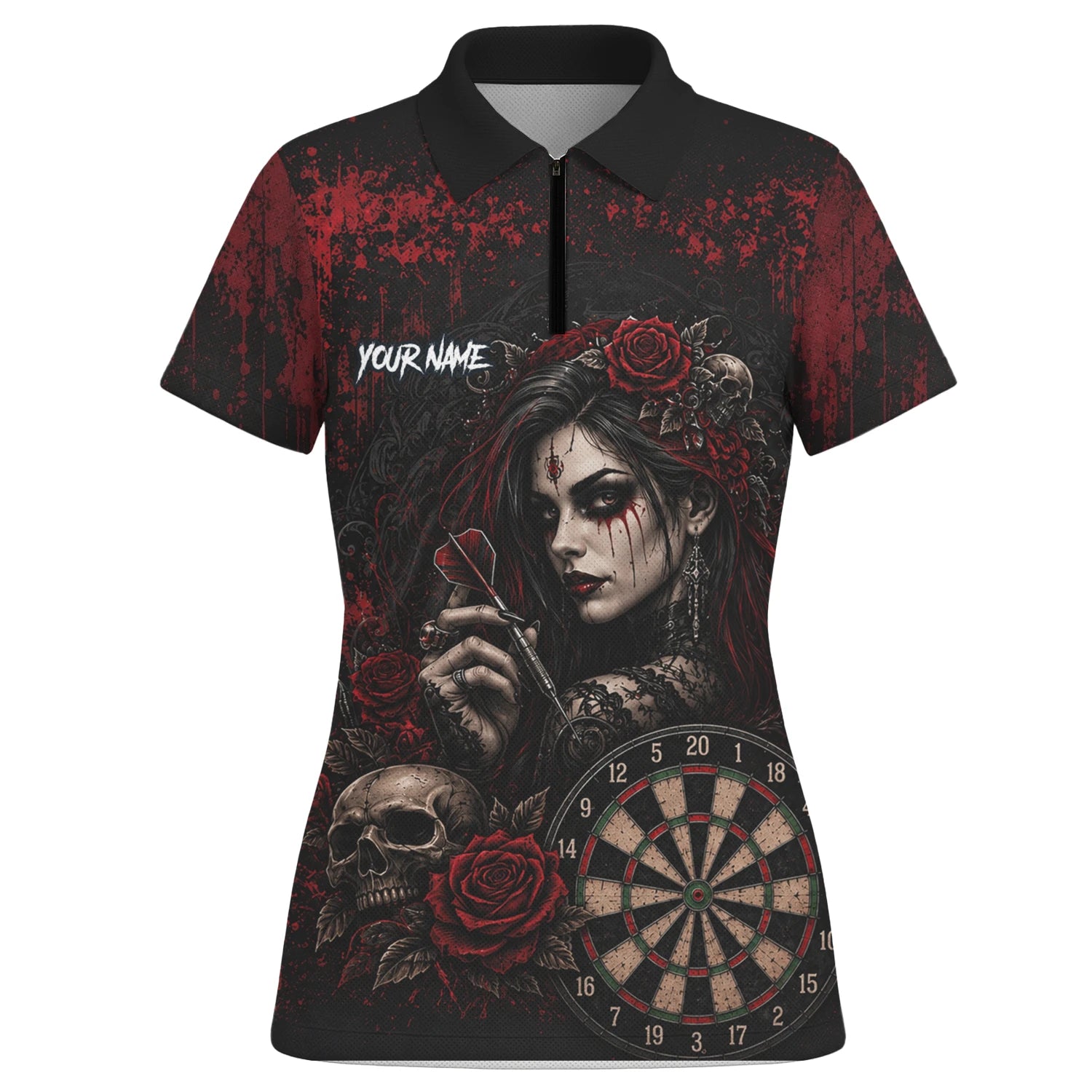 Personalised Black & Red Gothic Woman Skull Darts Shirt For Women W035