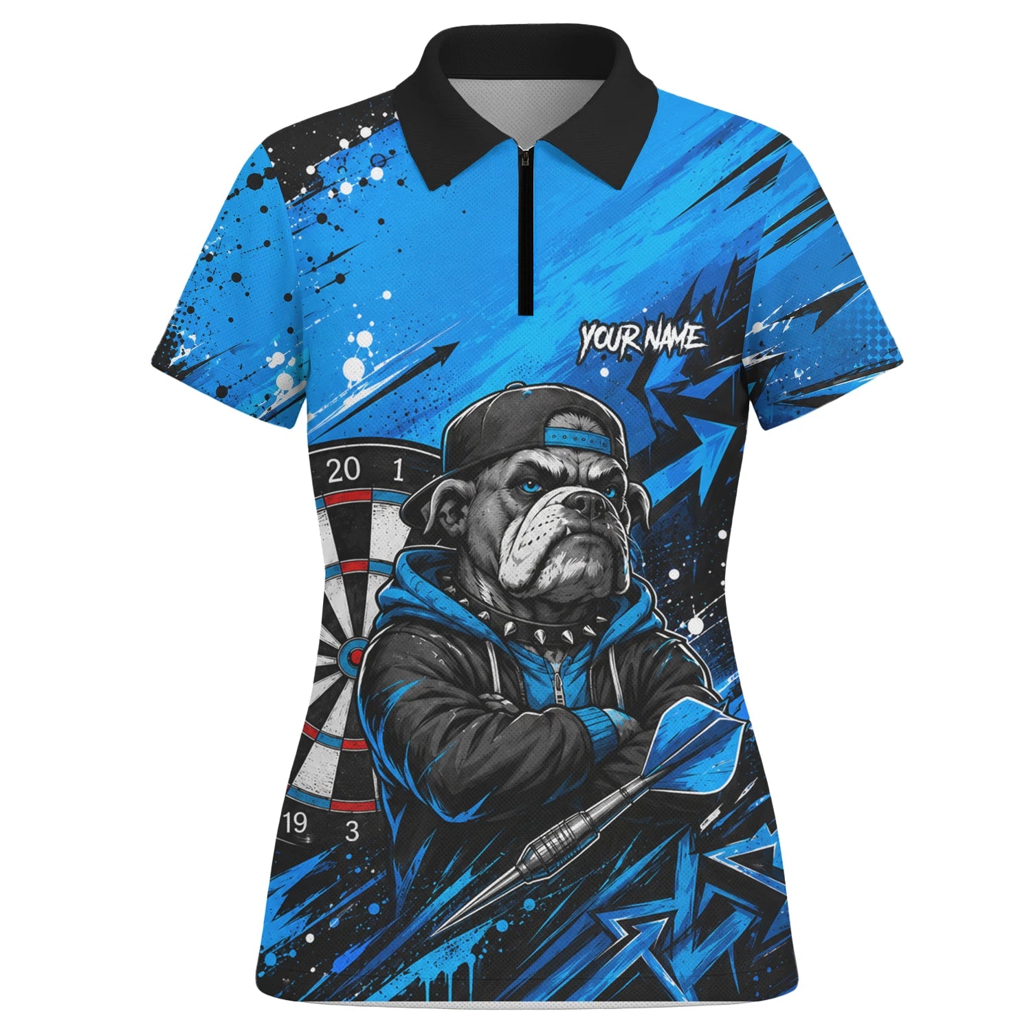 Personalised Blue & Black Bulldog Darts Shirt For Women D529