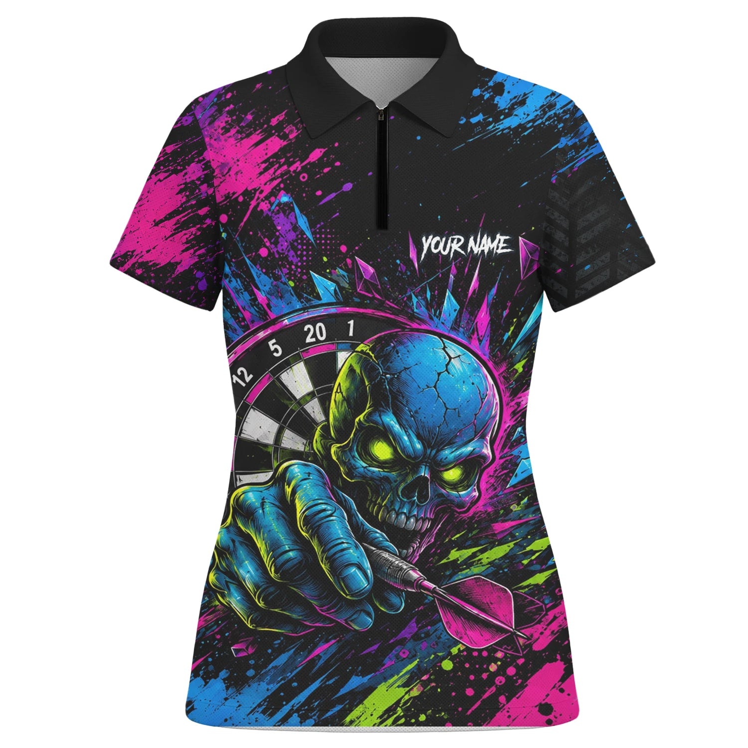 Personalised Neon Blue Green & Pink Skull Dartboard Darts Shirt For Women S232