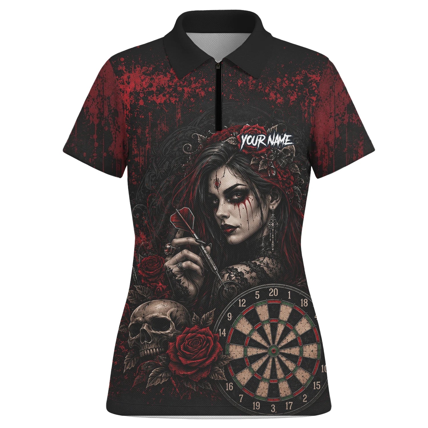 Personalised Black & Red Gothic Woman Skull Darts Shirt For Women W035