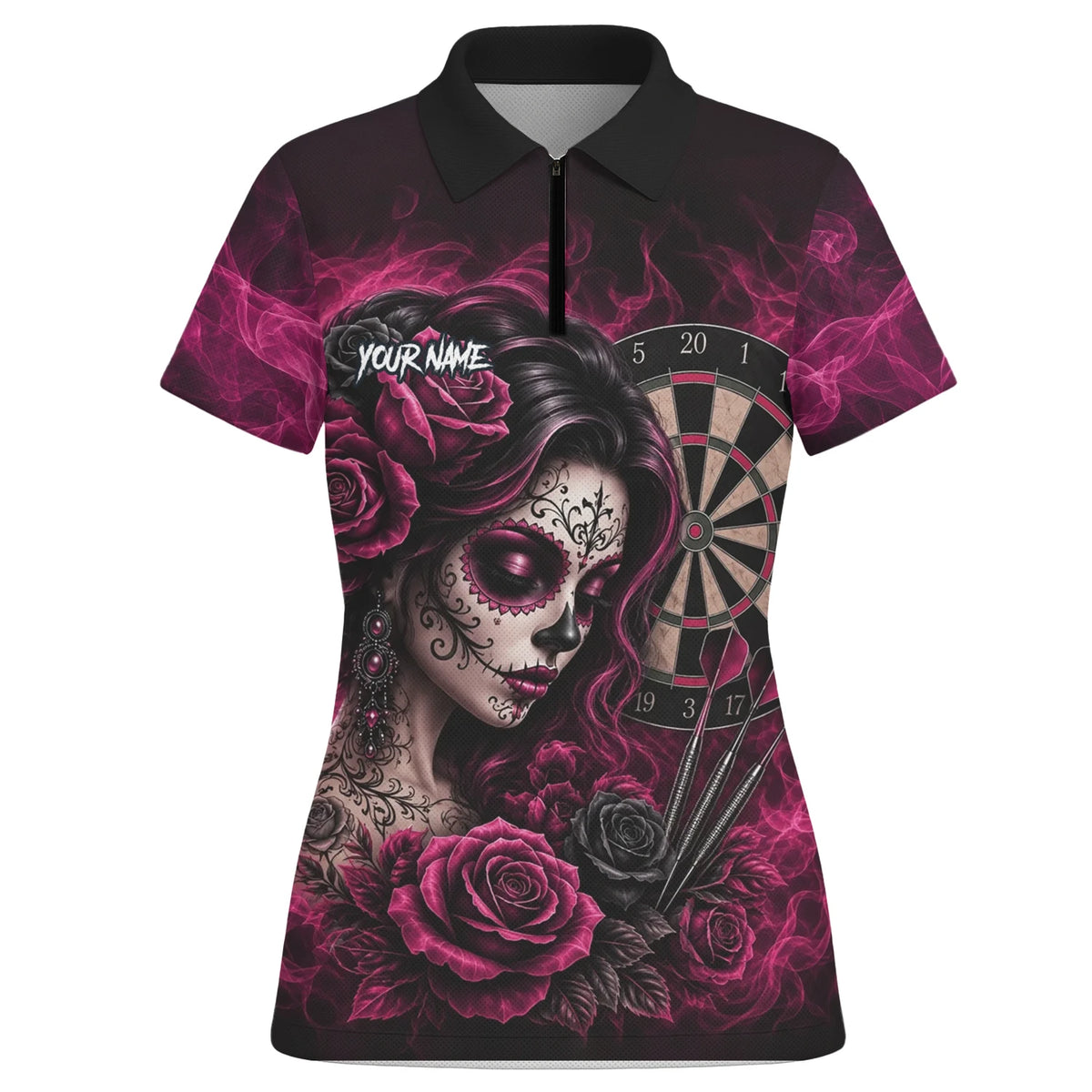 Personalised Black & Pink Sugar Skull Roses Darts Shirt For Women Z109