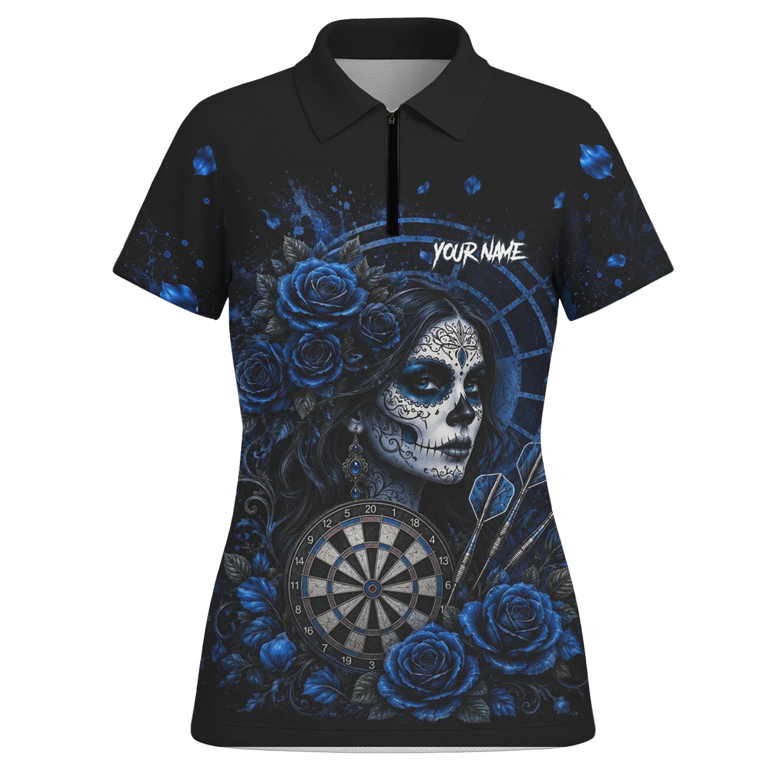 Personalised Black & Blue Sugar Skull Roses Darts Shirt For Women I884