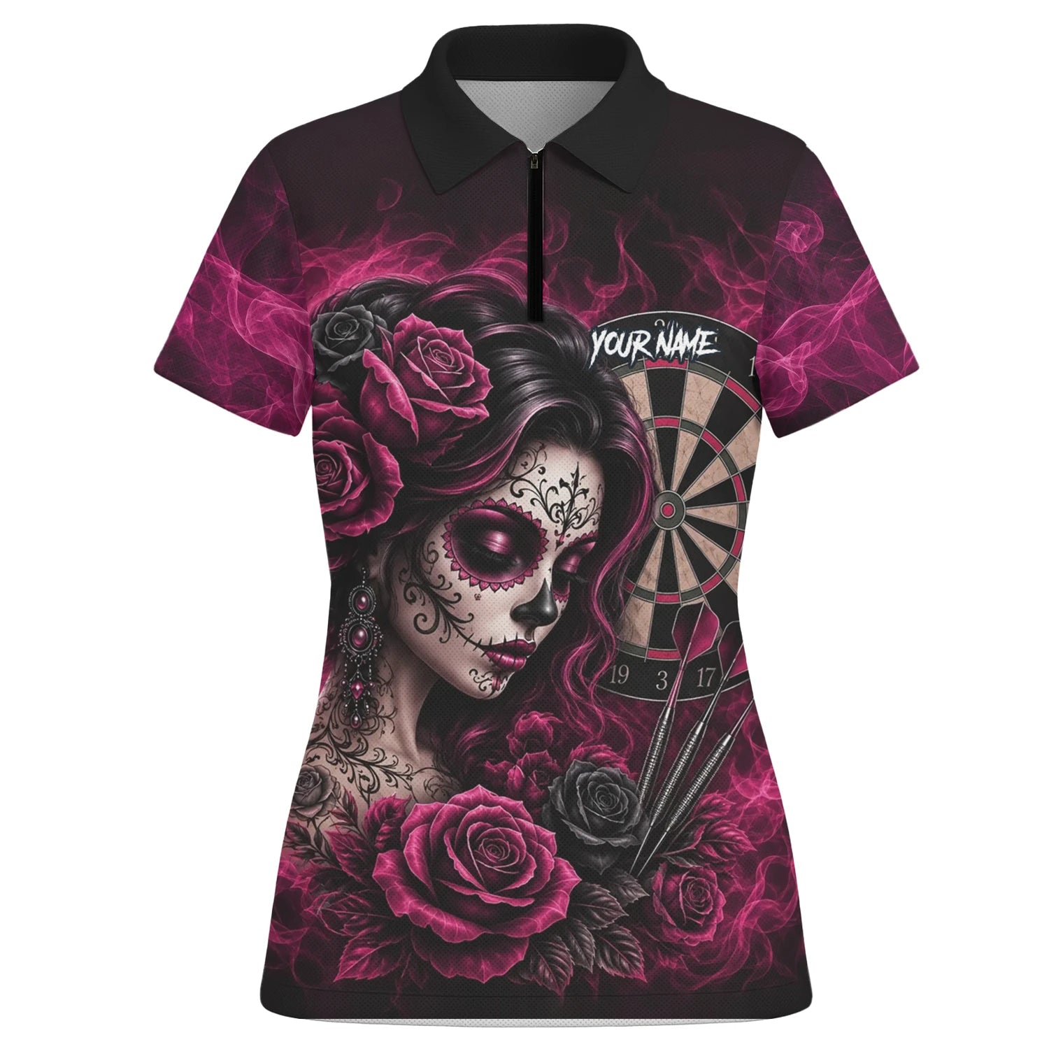 Personalised Black & Pink Sugar Skull Roses Darts Shirt For Women Z109