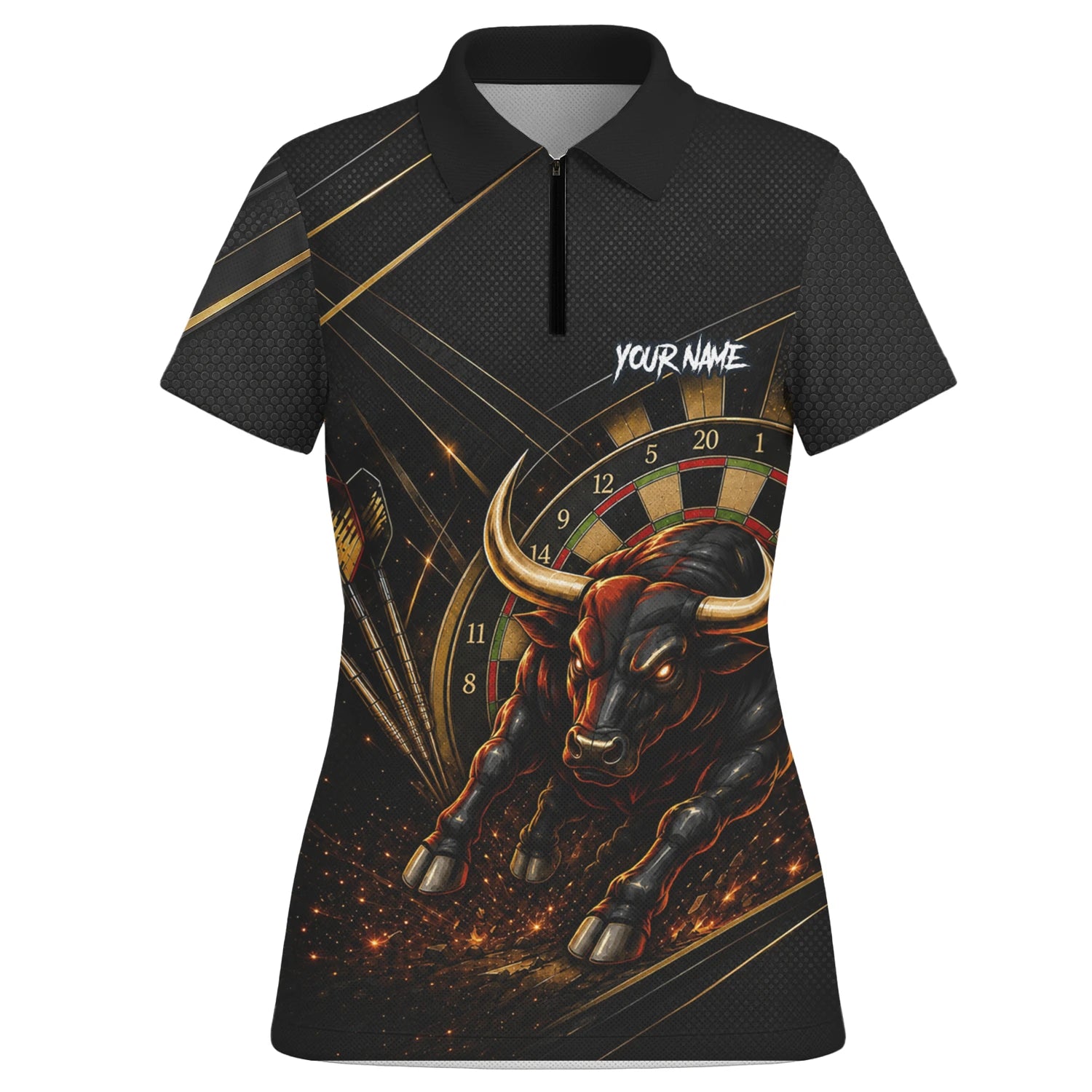 Personalised Black & Gold Bull Darts Polo Shirt For Women K607