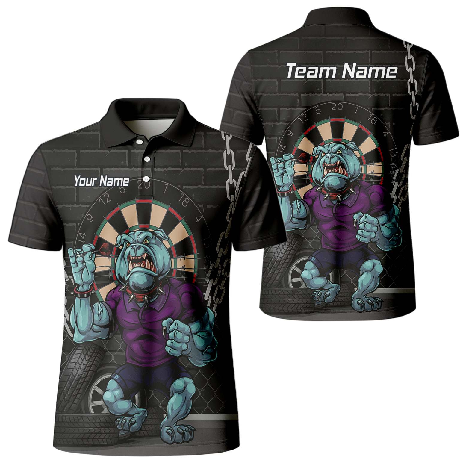 Personalised Fierce Bulldog Darts Polo Shirt Black Blue Purple For Men K4947 main image - polo No