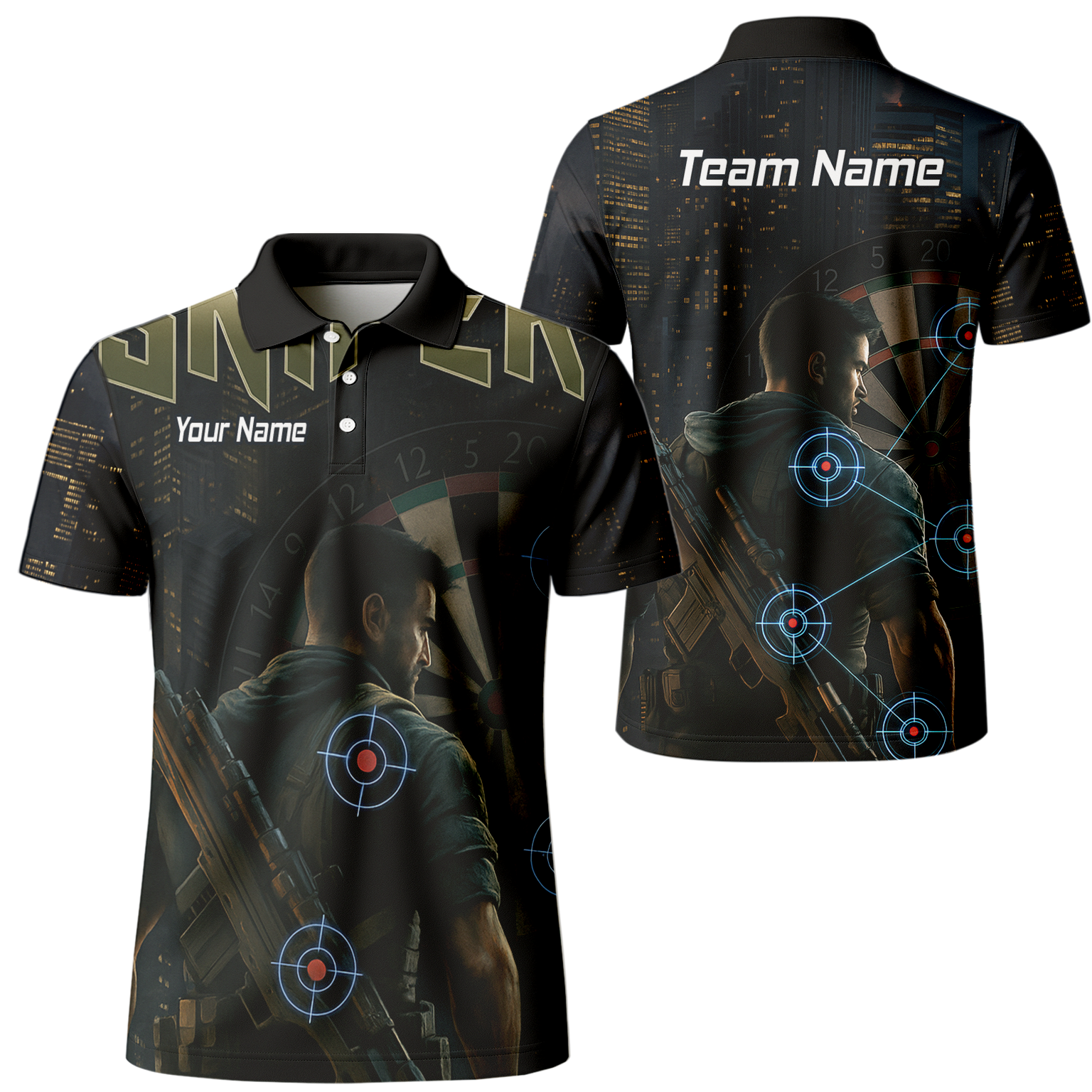 Personalised Sniper Tactical Dart Jersey Polo Shirt Black City Night For Men P5428 main image - polo No