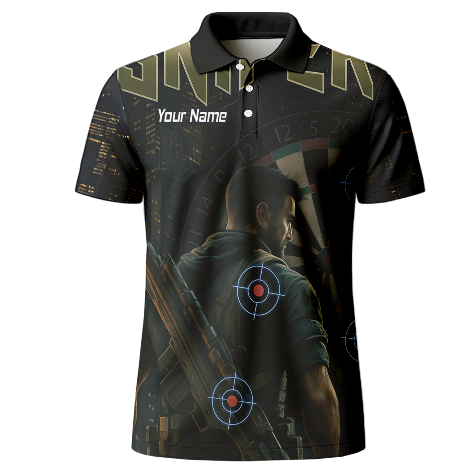 Personalised Sniper Tactical Dart Jersey Polo Shirt Black City Night For Men P5428 additional image 2