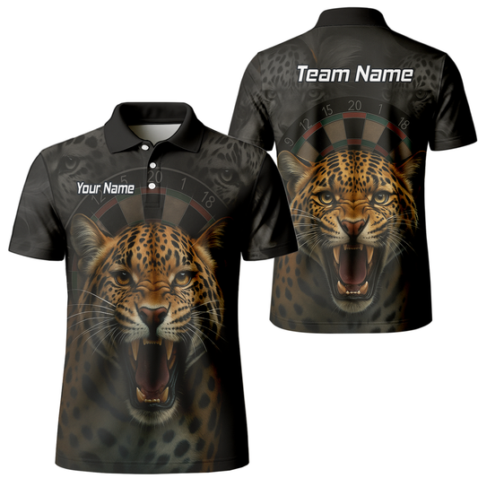 Personalised Roaring Leopard Print Darts Polo Shirt Black For Men U4010 main image - polo No