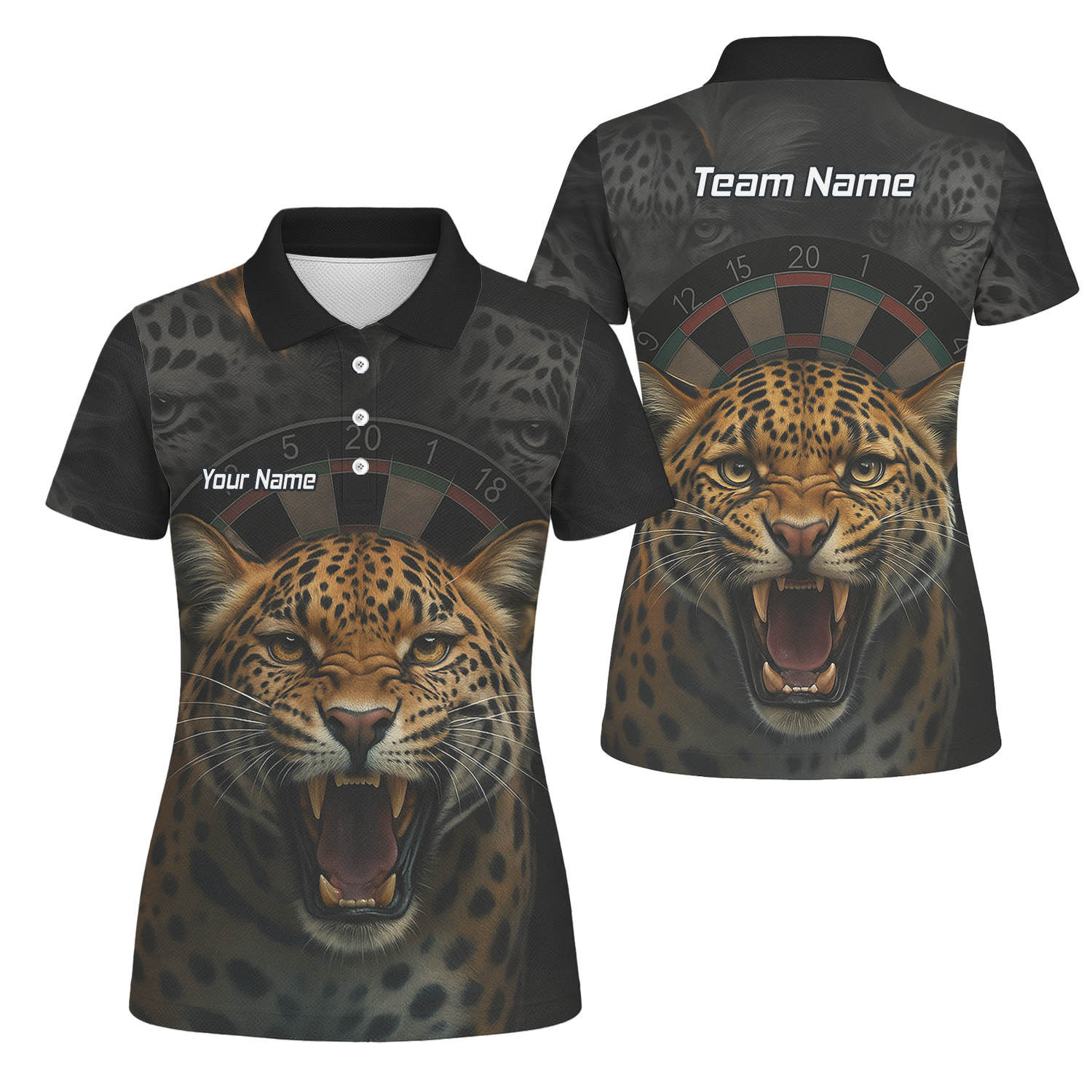 Personalised Roaring Leopard Print Darts Polo Shirt Black For Men U4010 main image - polo No