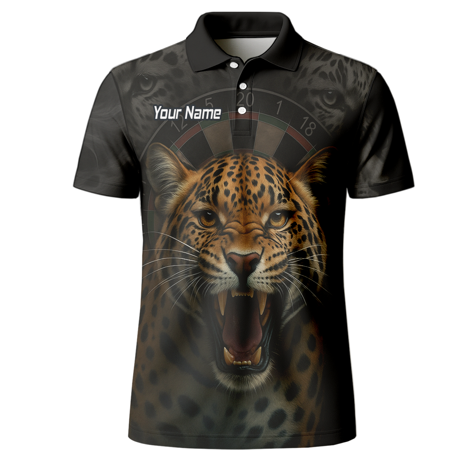 Personalised Roaring Leopard Print Darts Polo Shirt Black For Men U4010 additional image 2
