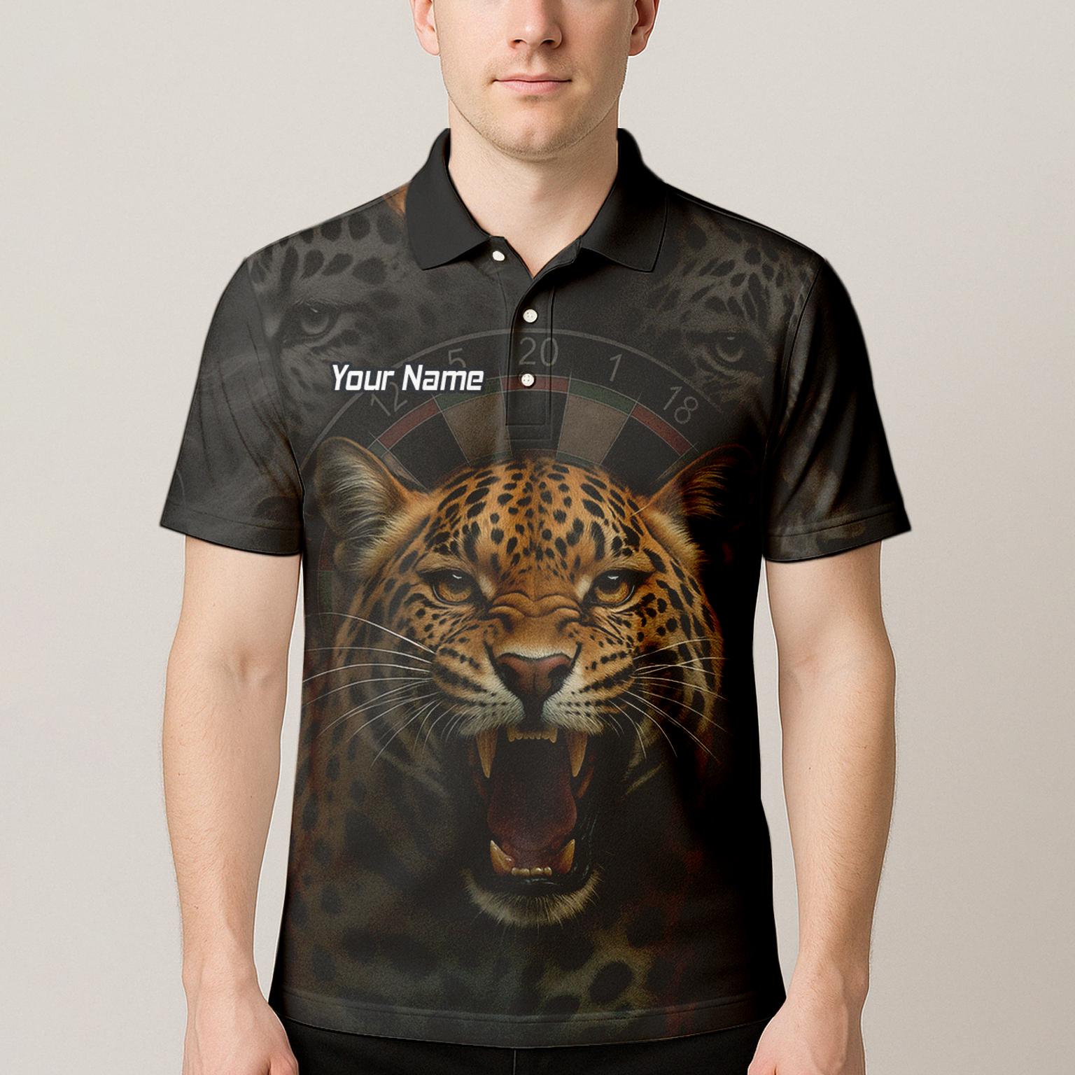 Personalised Roaring Leopard Print Darts Polo Shirt Black For Men U4010 additional image 4