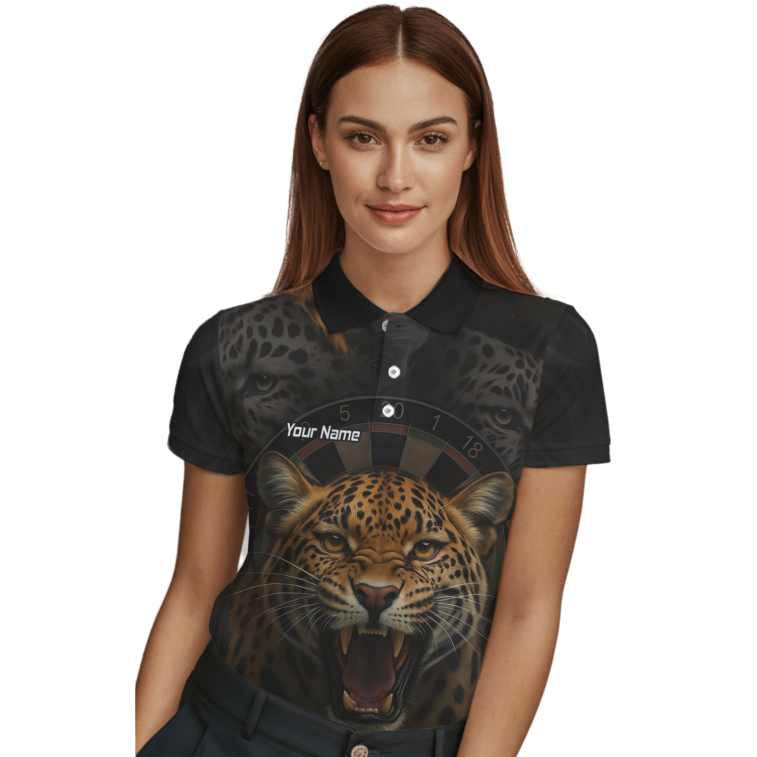 Personalised Roaring Leopard Print Darts Polo Shirt Black For Men U4010 additional image 3