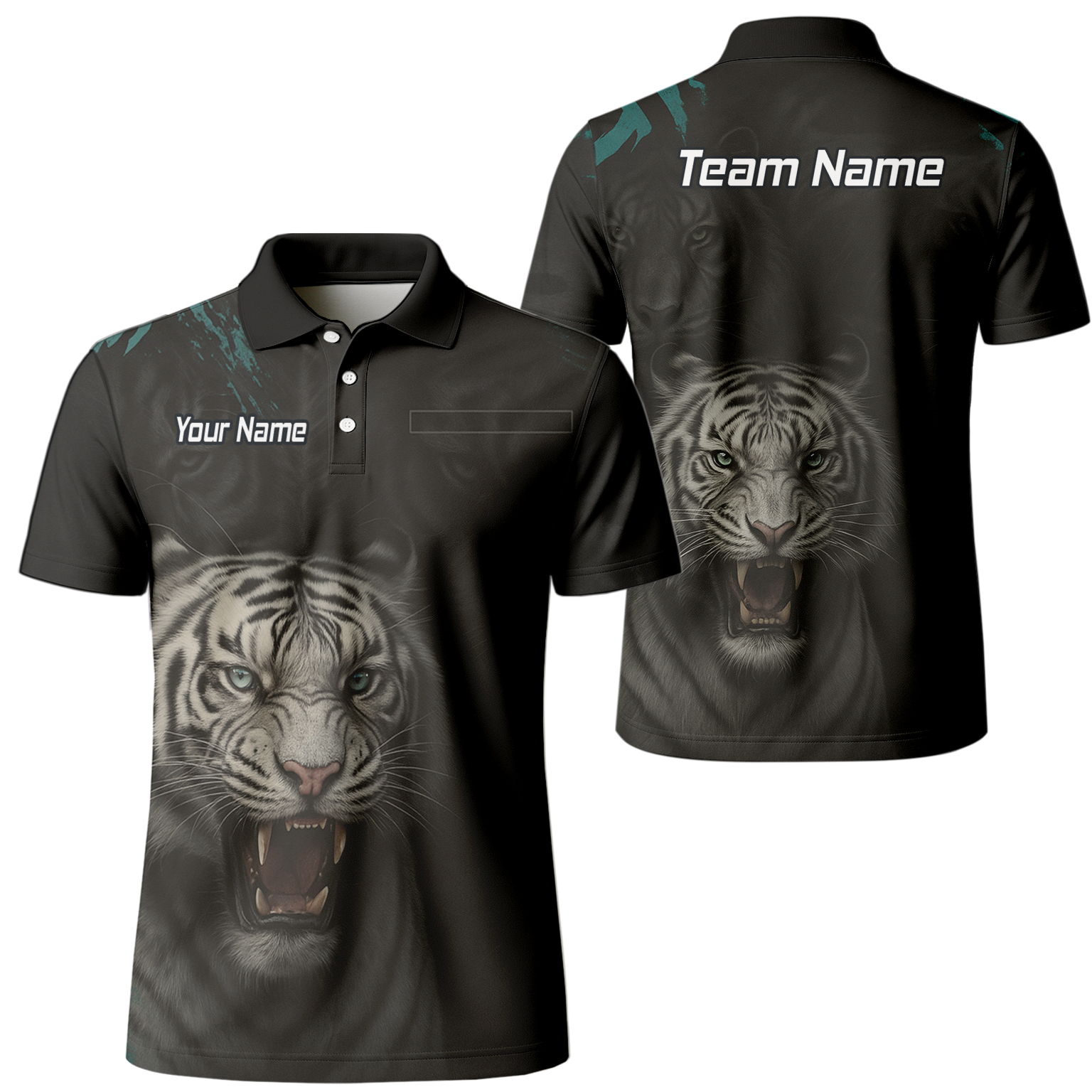 Personalised Roaring White Tiger Darts Polo Shirt Black For Men Q8496 main image - polo No