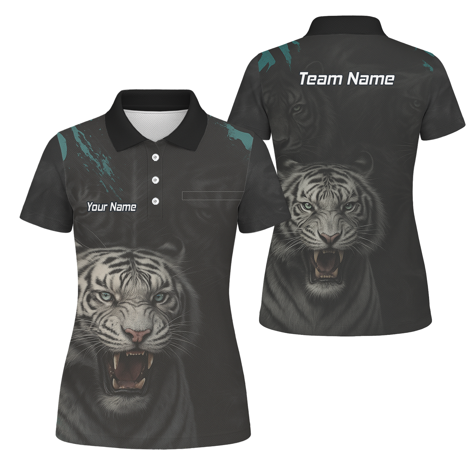Personalised Roaring White Tiger Darts Polo Shirt Black For Men Q8496 main image - polo No