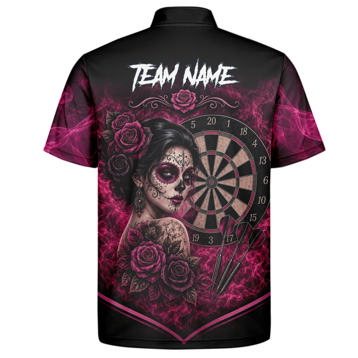 Personalised Black & Pink Sugar Skull Roses Darts Shirt For Men Z109
