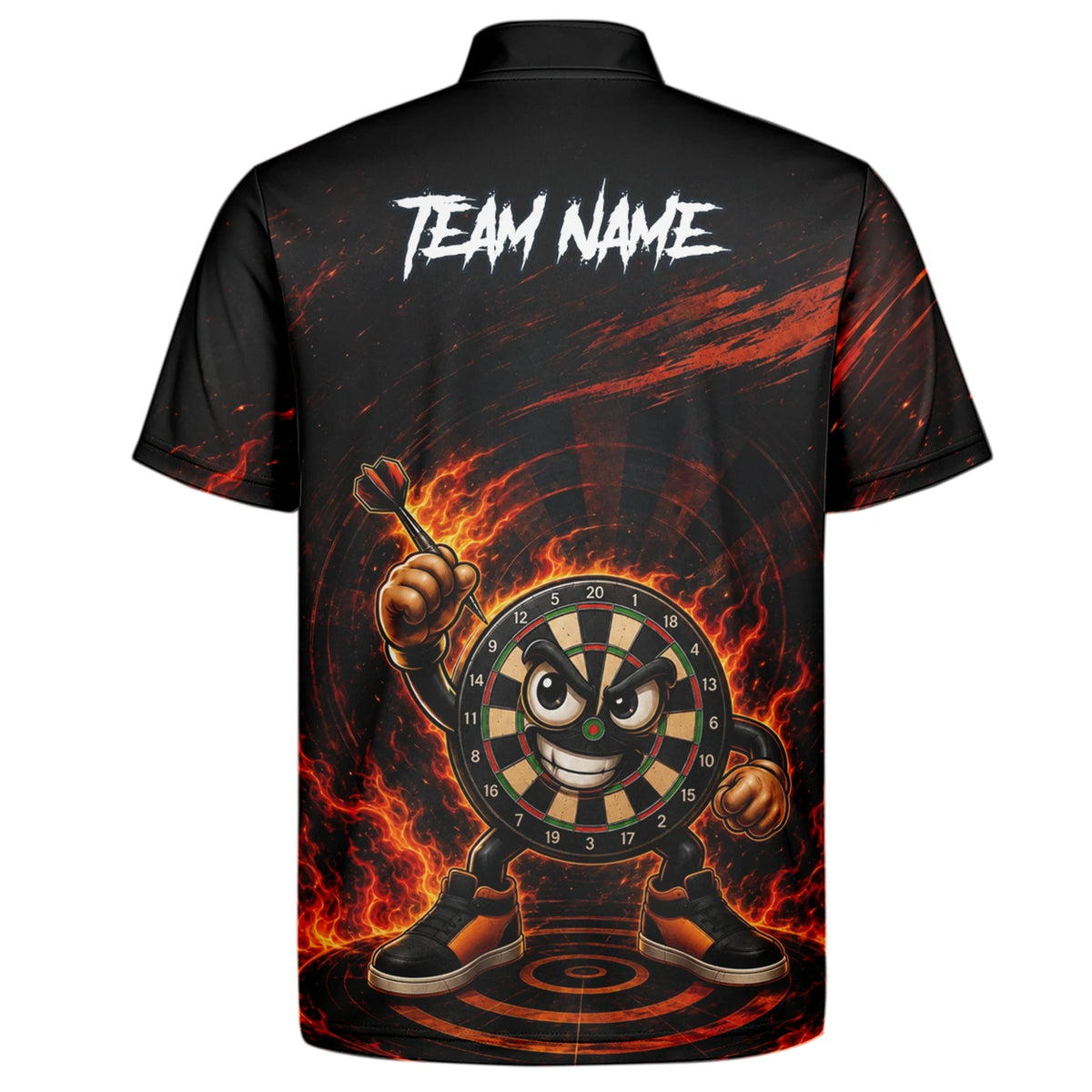 Personalised Black & Red Fiery Dartboard Character Darts Shirt For Men W224