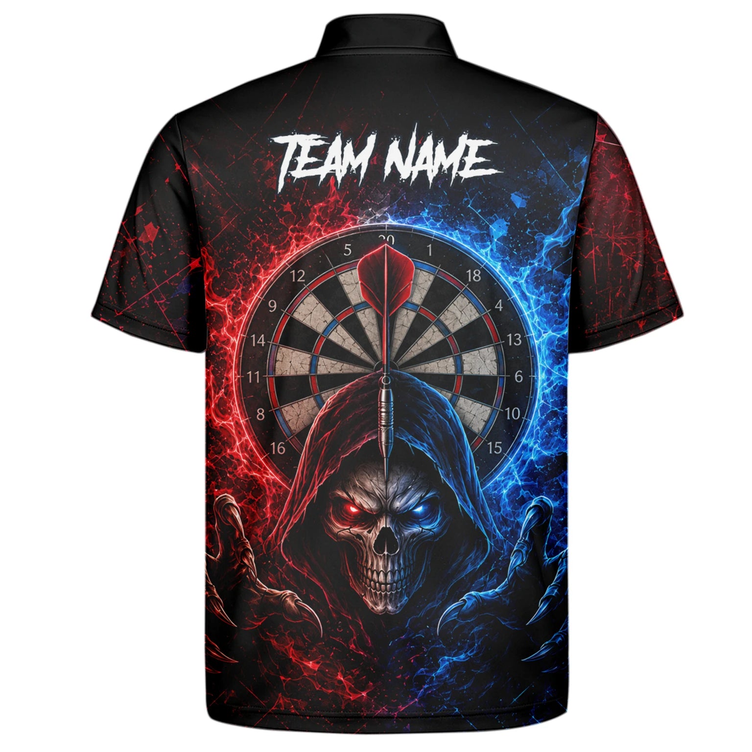 Personalised Red & Blue Split Skull Darts Polo Shirt For Men L857