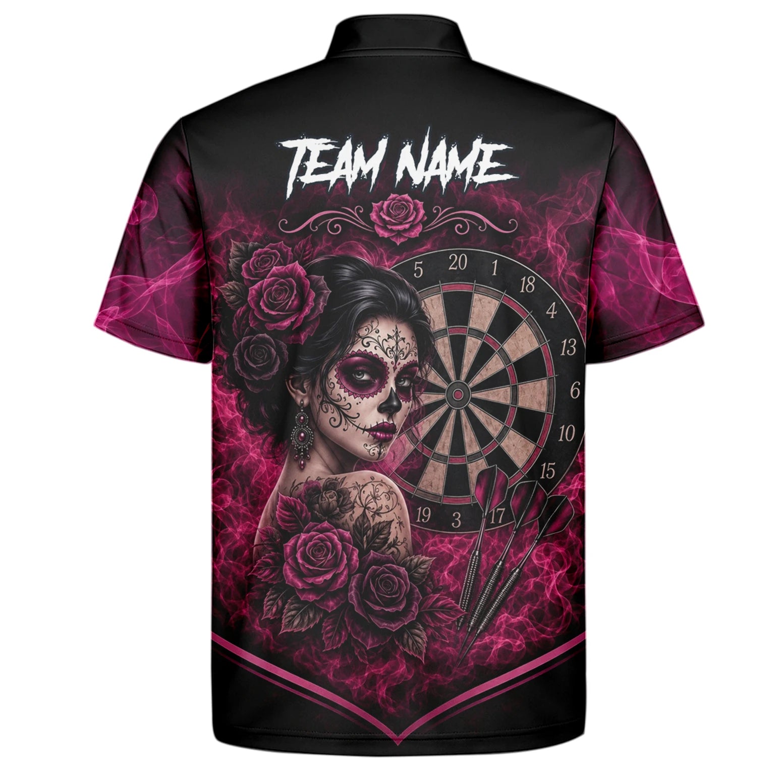 Personalised Black & Pink Sugar Skull Roses Darts Shirt For Men Z109