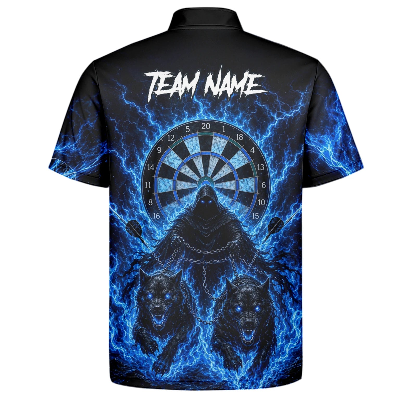 Personalised Black & Blue Grim Reaper and Wolves Darts Shirt For Men X871