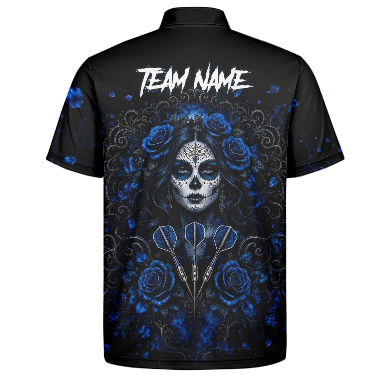 Personalised Black & Blue Sugar Skull Roses Darts Shirt For Men I884