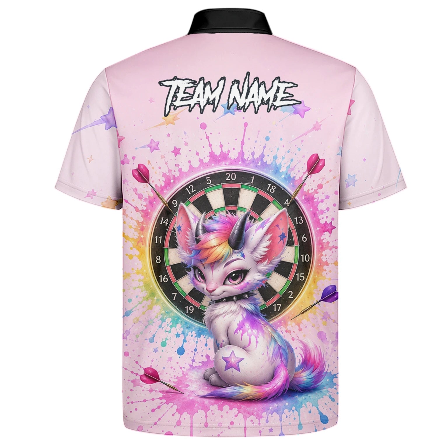 Personalised Pink & Rainbow Fantasy Cat Unicorn Darts Shirt For Men X398