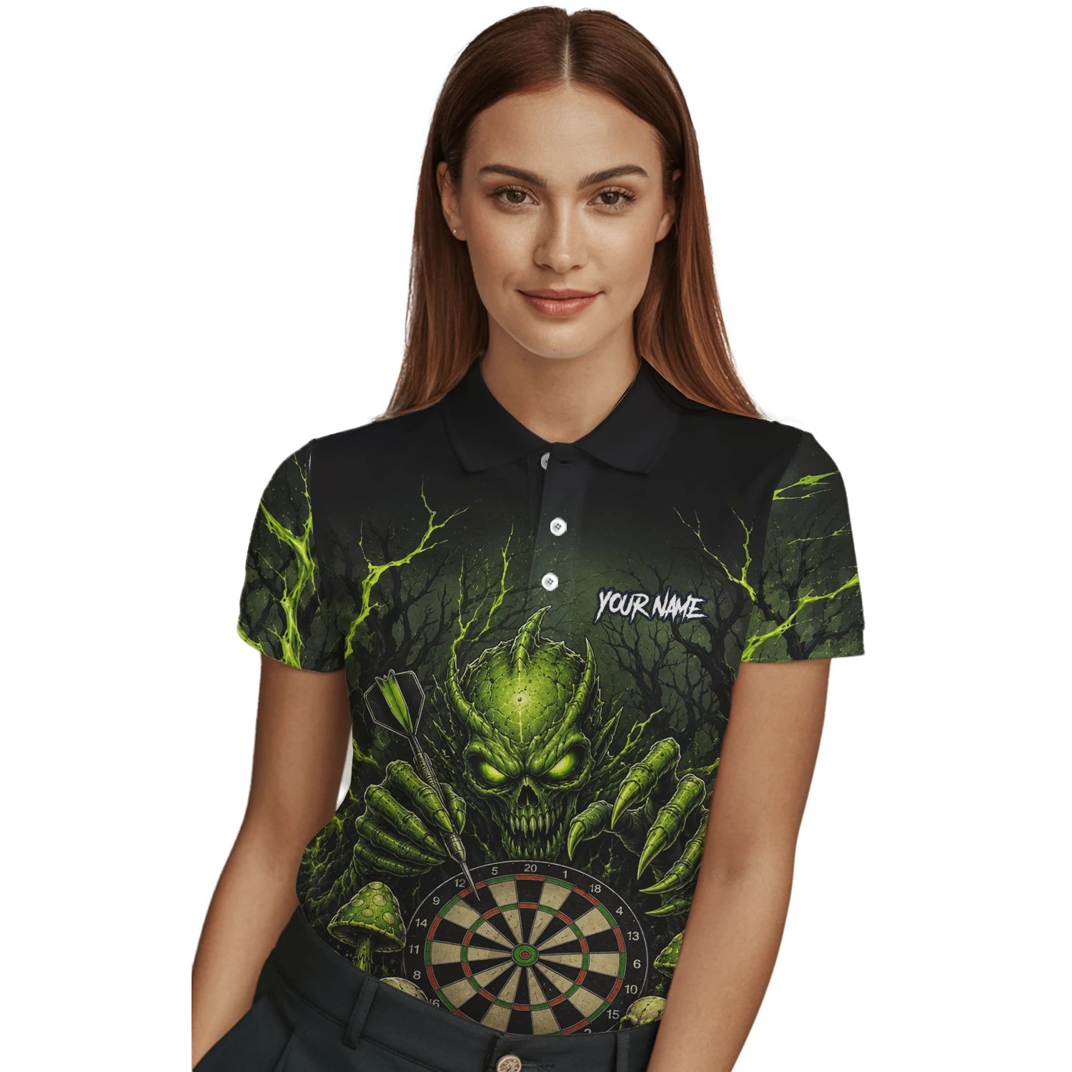 Personalised Black Green Monster Skull Dartboard Darts Shirt For Women A277