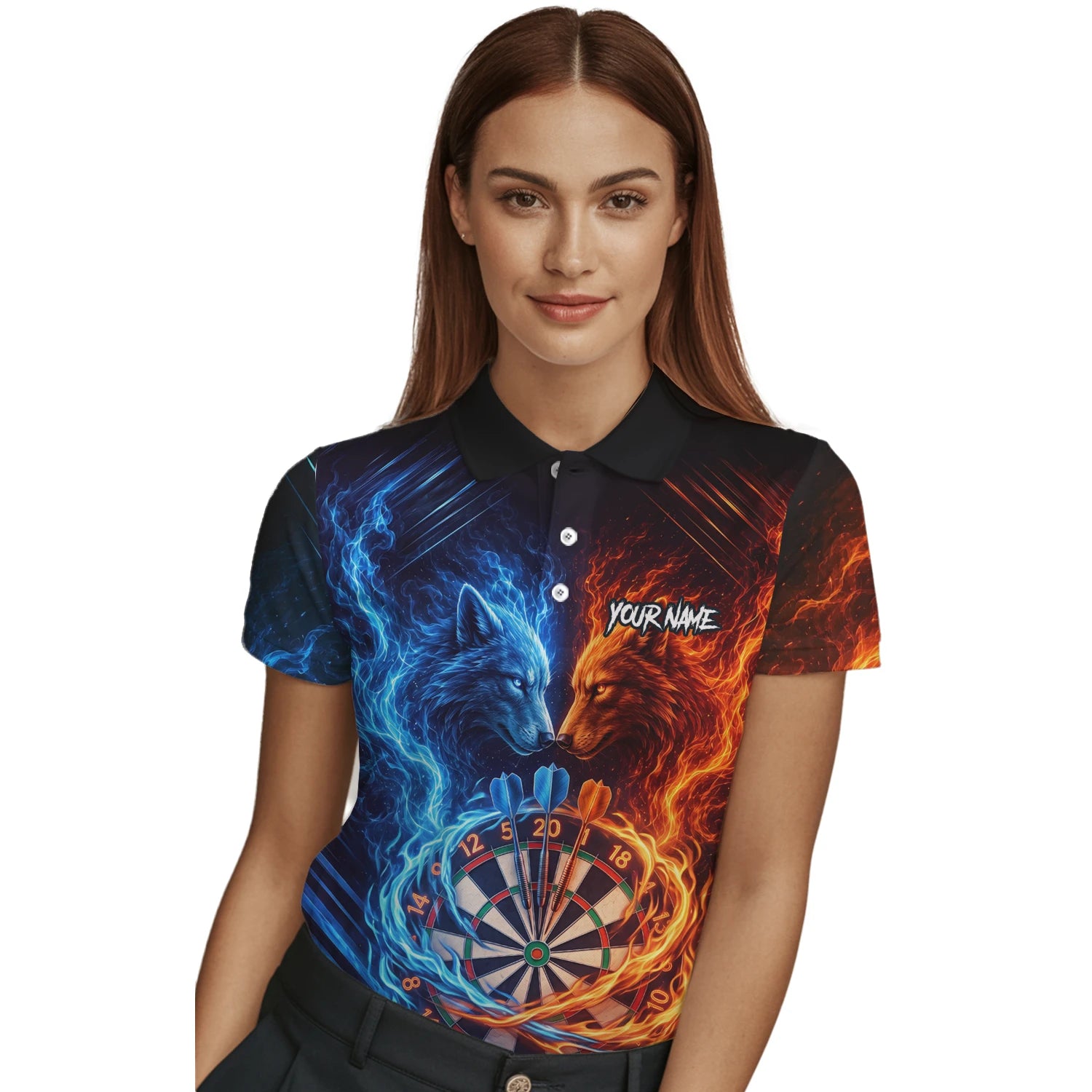 Personalised Blue & Orange Wolf Flame Dartboard Darts Shirt For Women A749