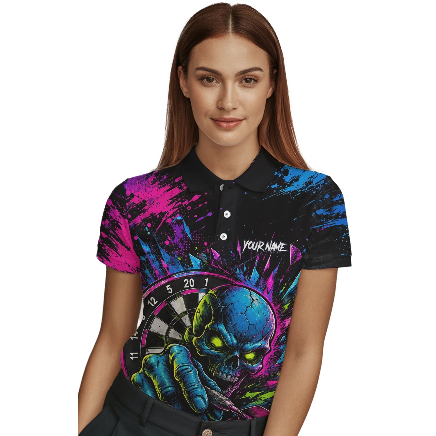 Personalised Neon Blue Green & Pink Skull Dartboard Darts Shirt For Women S232