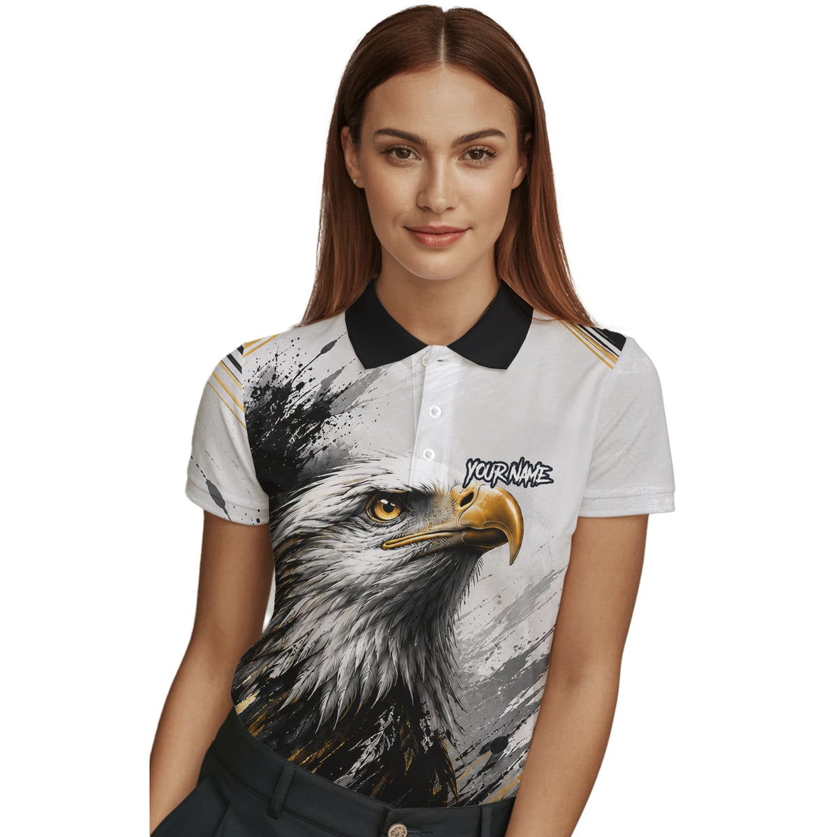 Personalised White Black Gold Bald Eagle Darts Shirt For Women S805