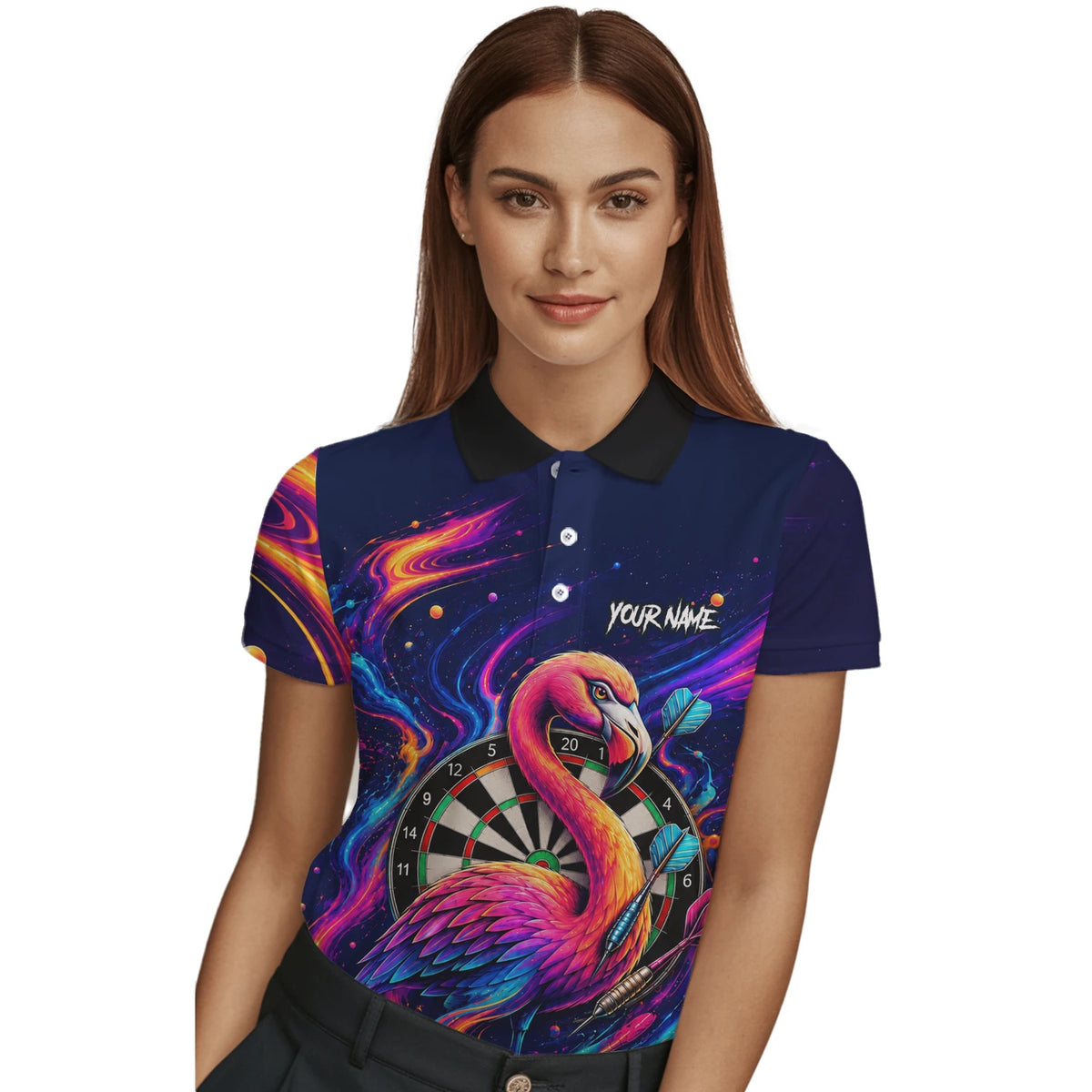 Personalised Neon Flamingo Galaxy Darts Polo Shirt For Women D064