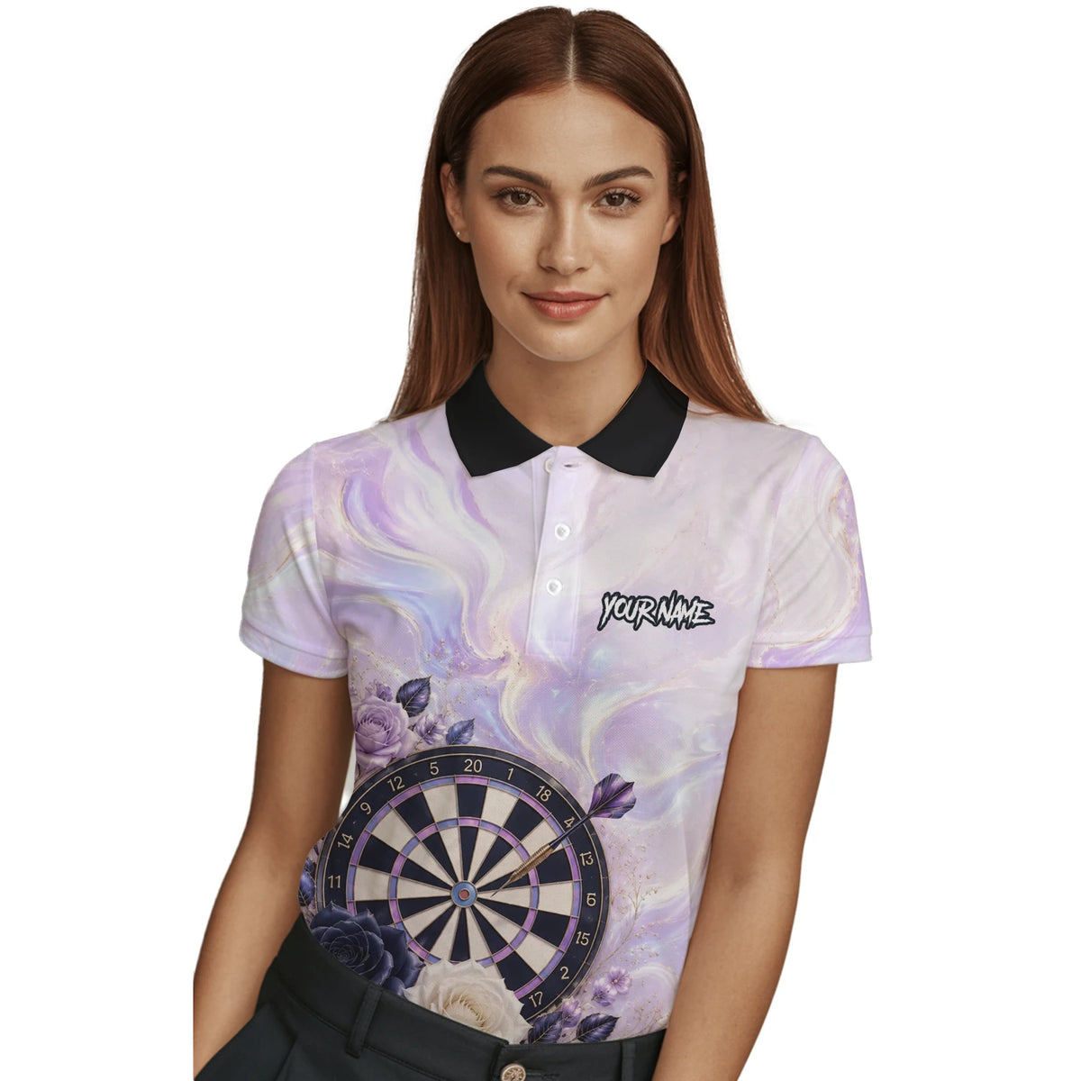 Personalised Purple Marble Rose Darts Polo Shirt For Women S206