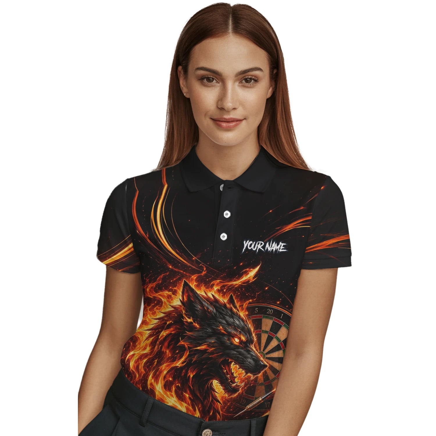 Personalised Flaming Wolf Darts Polo Shirt For Women W521