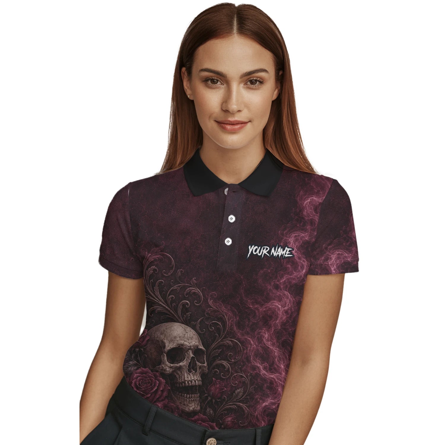 Personalised Burgundy & Black Skull Rose Darts Shirt For Women U786