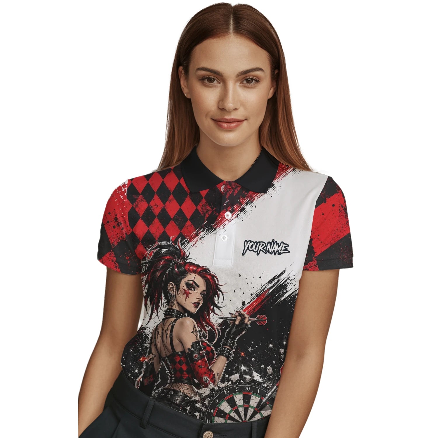 Personalised Red & Black Gothic Harlequin Darts Polo Shirt For Women K572