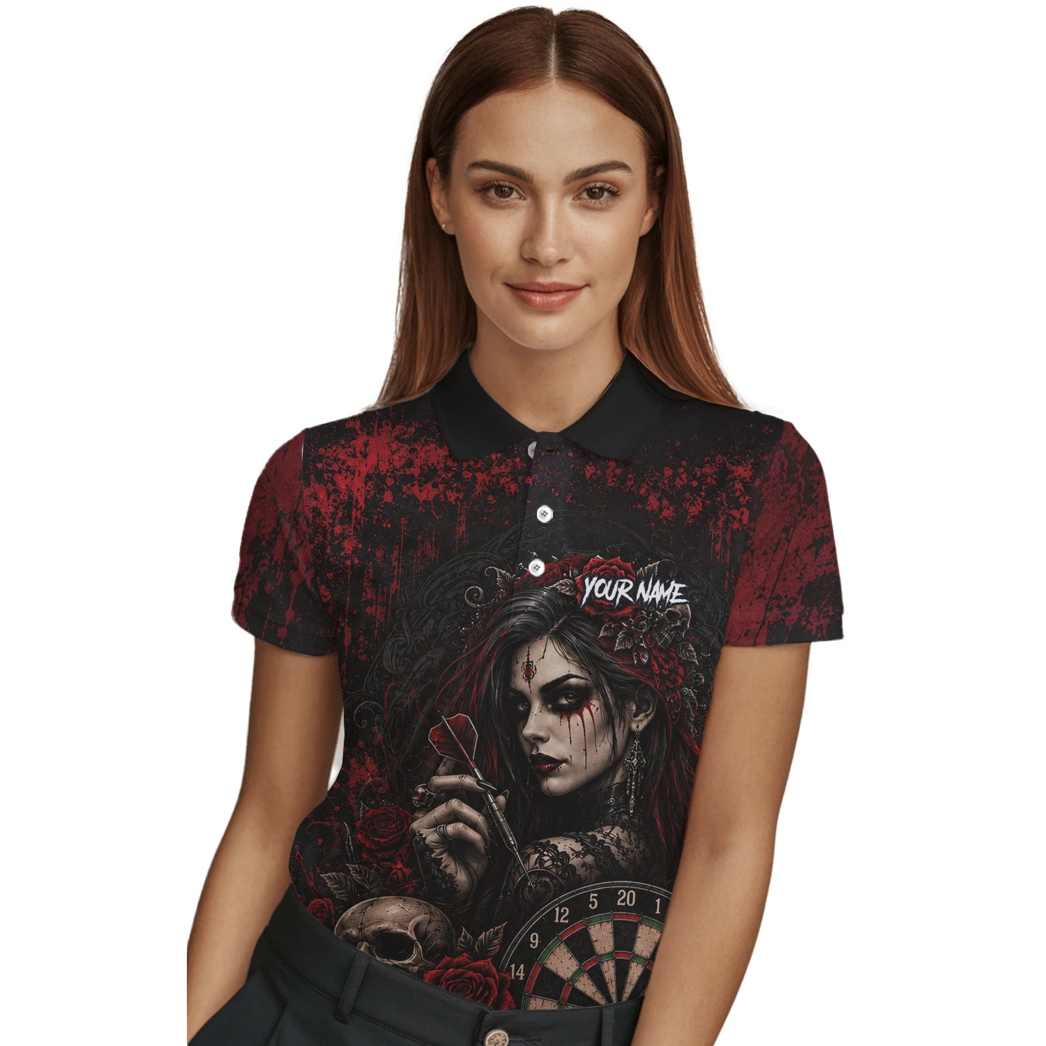 Personalised Black & Red Gothic Woman Skull Darts Shirt For Women W035