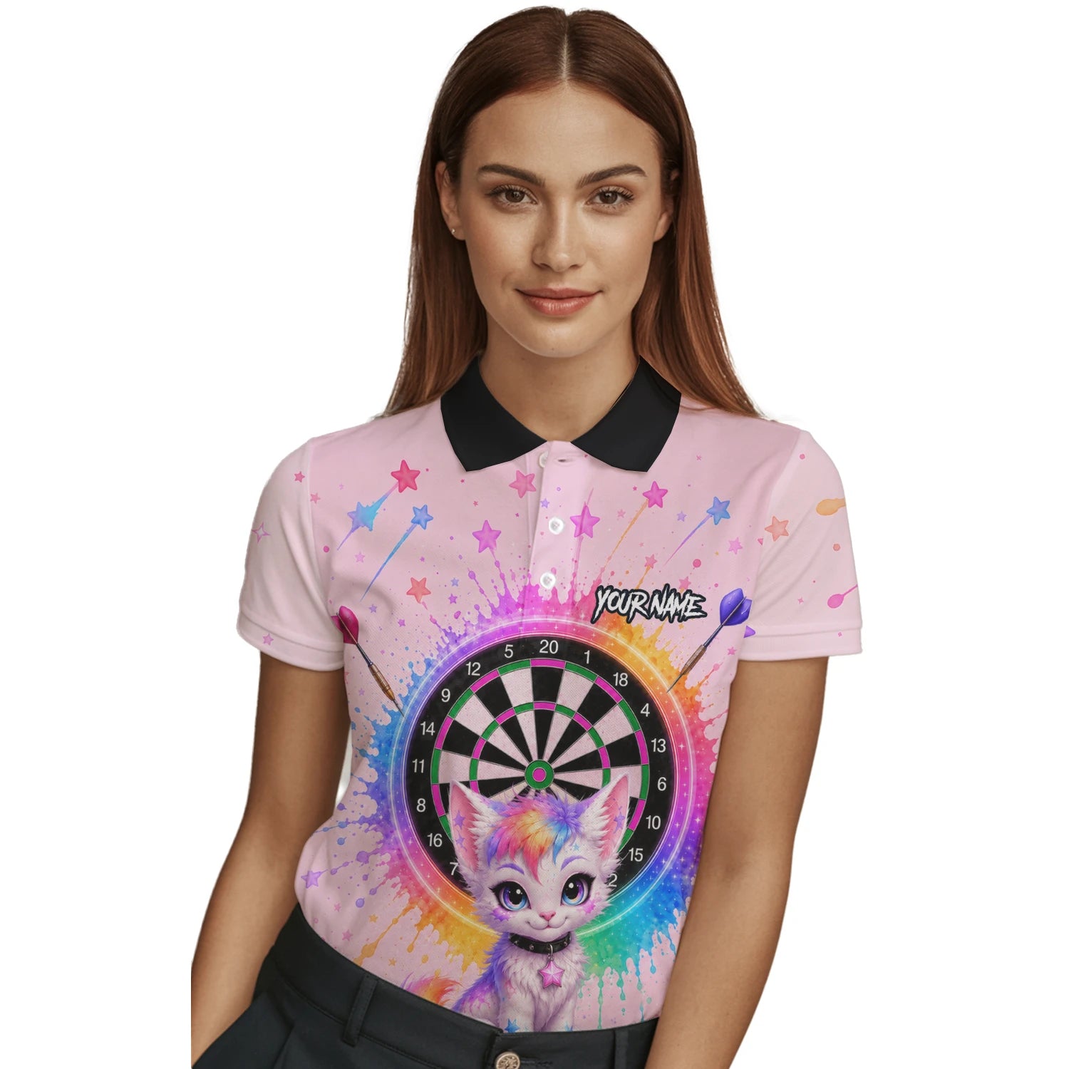 Personalised Pink Rainbow Kitten Dartboard Darts Shirt For Women X398