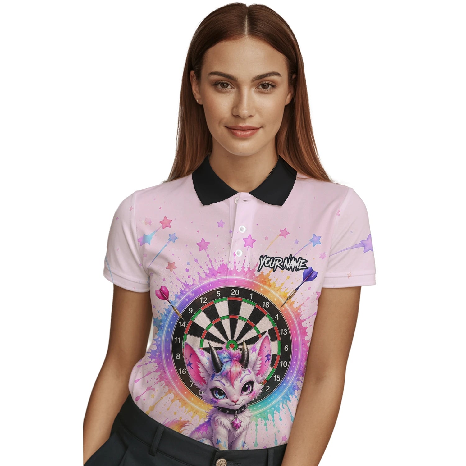 Personalised Pink & Rainbow Fantasy Cat Unicorn Darts Shirt For Women X398