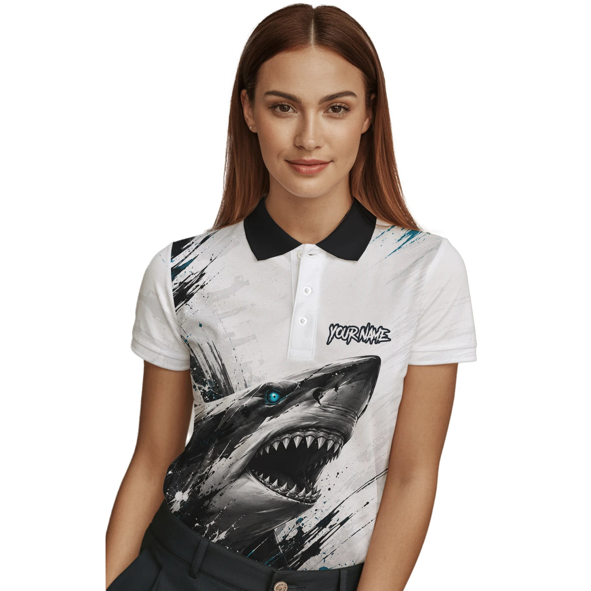 Personalised White Black Teal Shark Darts Shirt For Women D067