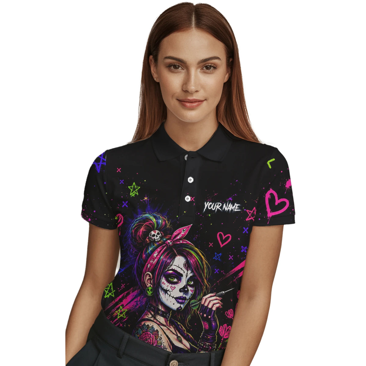 Personalised Black Neon Sugar Skull Woman Darts Shirt For Women K745