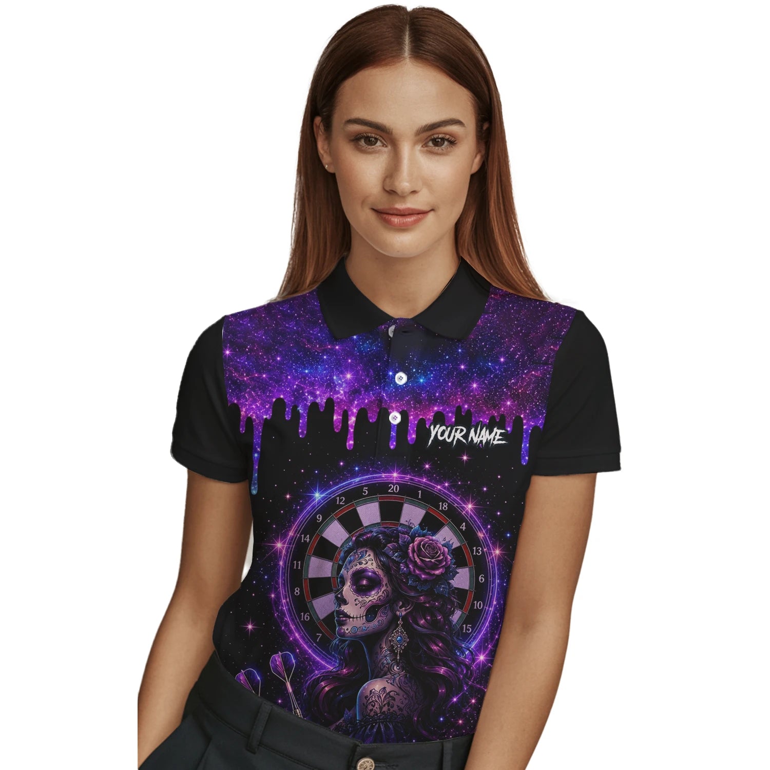 Personalised Purple Galaxy Sugar Skull Darts Shirt For Women Z967