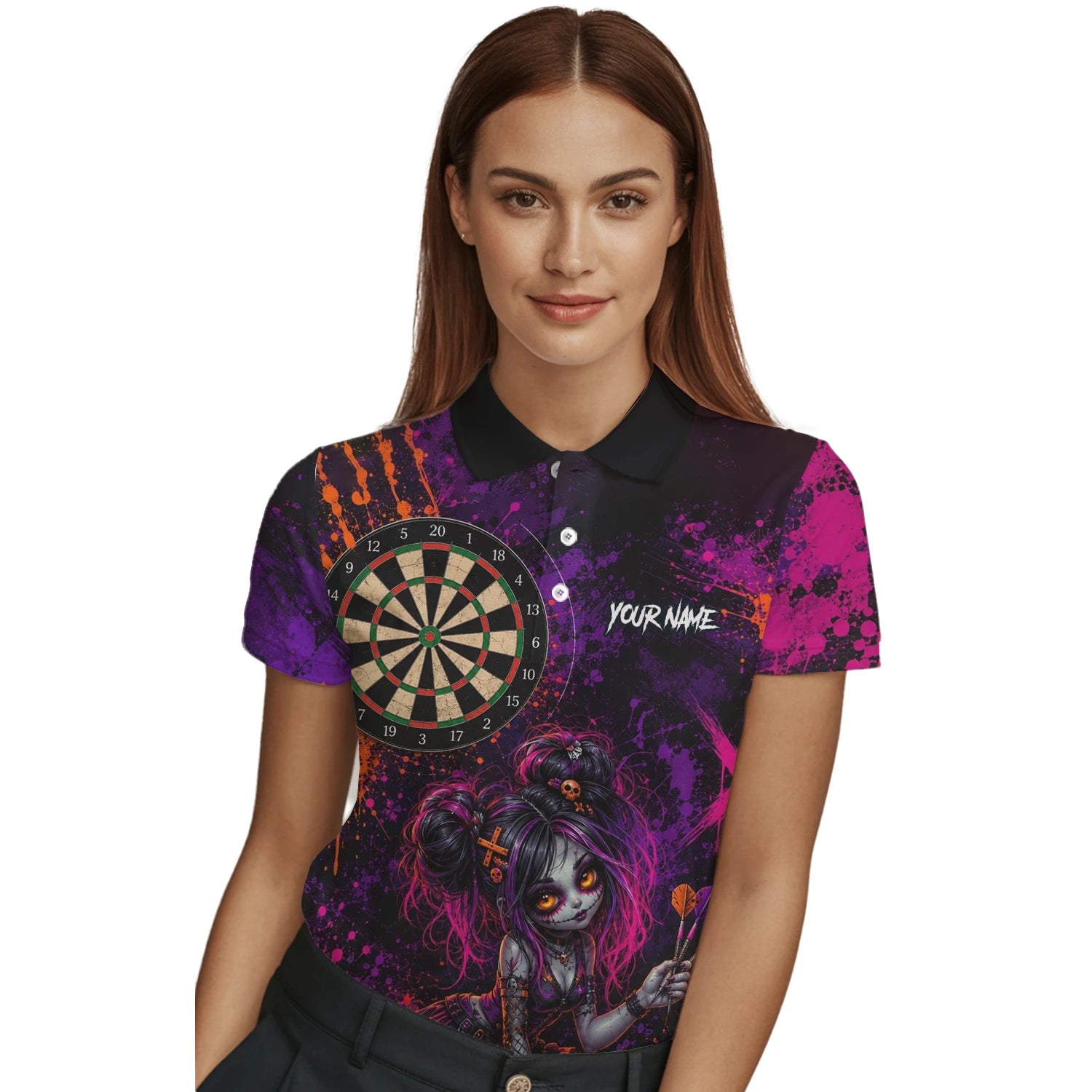 Personalised Black Purple Pink & Orange Gothic Darts Shirt For Women Z641