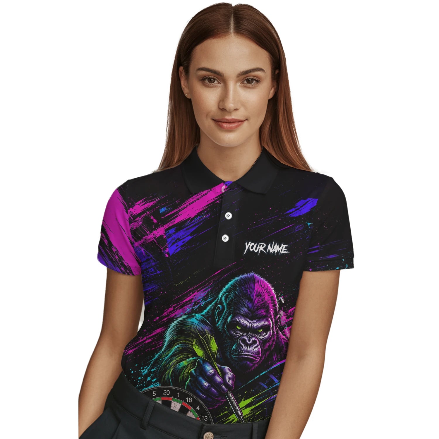 Personalised Black Pink & Purple Gorilla Darts Shirt For Women U874