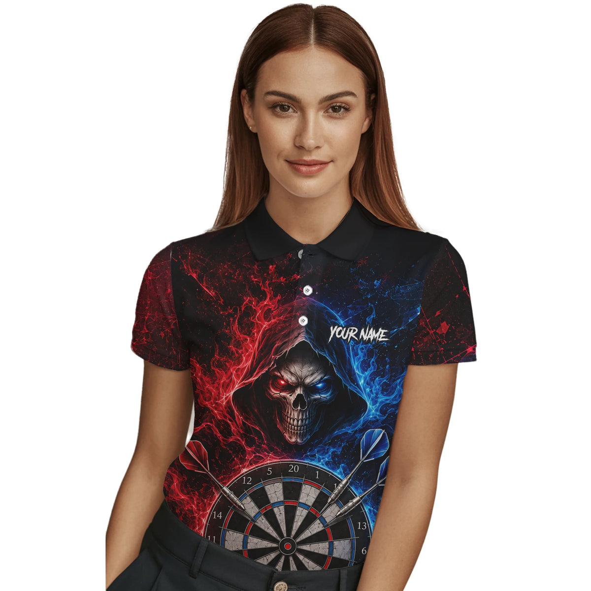Personalised Red & Blue Split Skull Darts Polo Shirt For Women L857