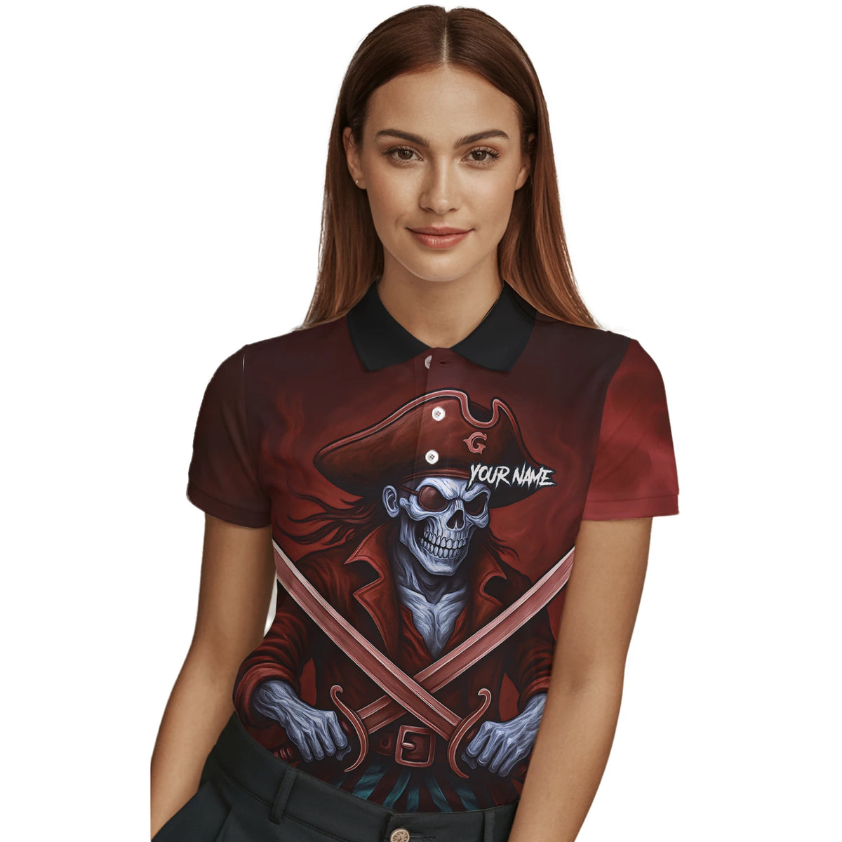 Personalised Red & Black Pirate Skull Crossed Swords Darts Shirt For Women TR8209