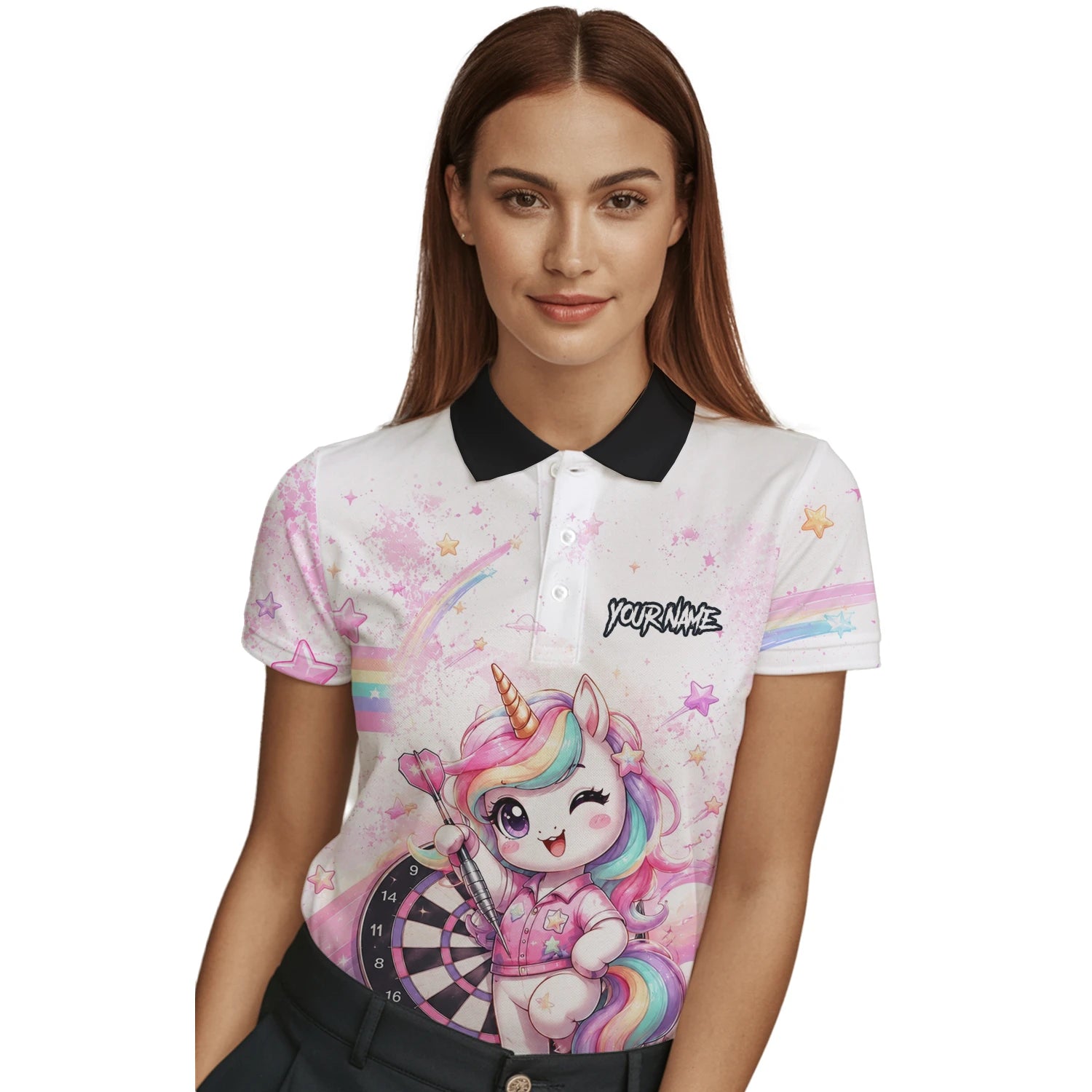 Personalised Pink & White Rainbow Unicorn Darts Shirt For Women F188