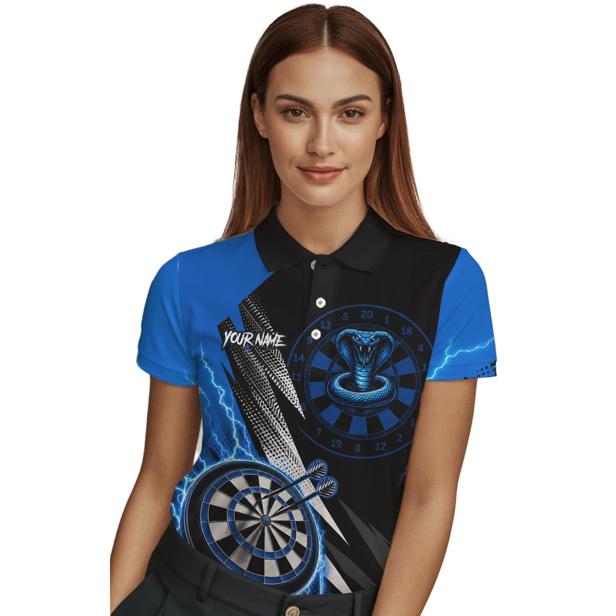 Personalised Blue Lightning Cobra Darts Polo Shirt For Women S015