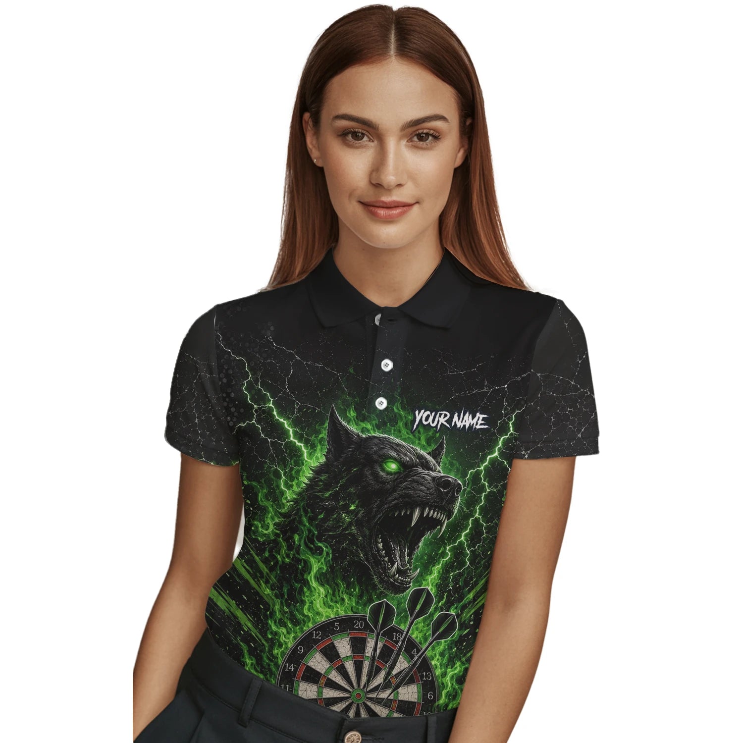 Personalised Black & Green Wolf Dartboard Darts Shirt For Women F303